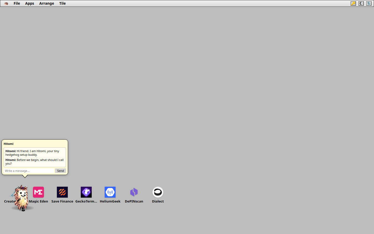 Agent1c desktop showing Hitomi and Solana dapp icons